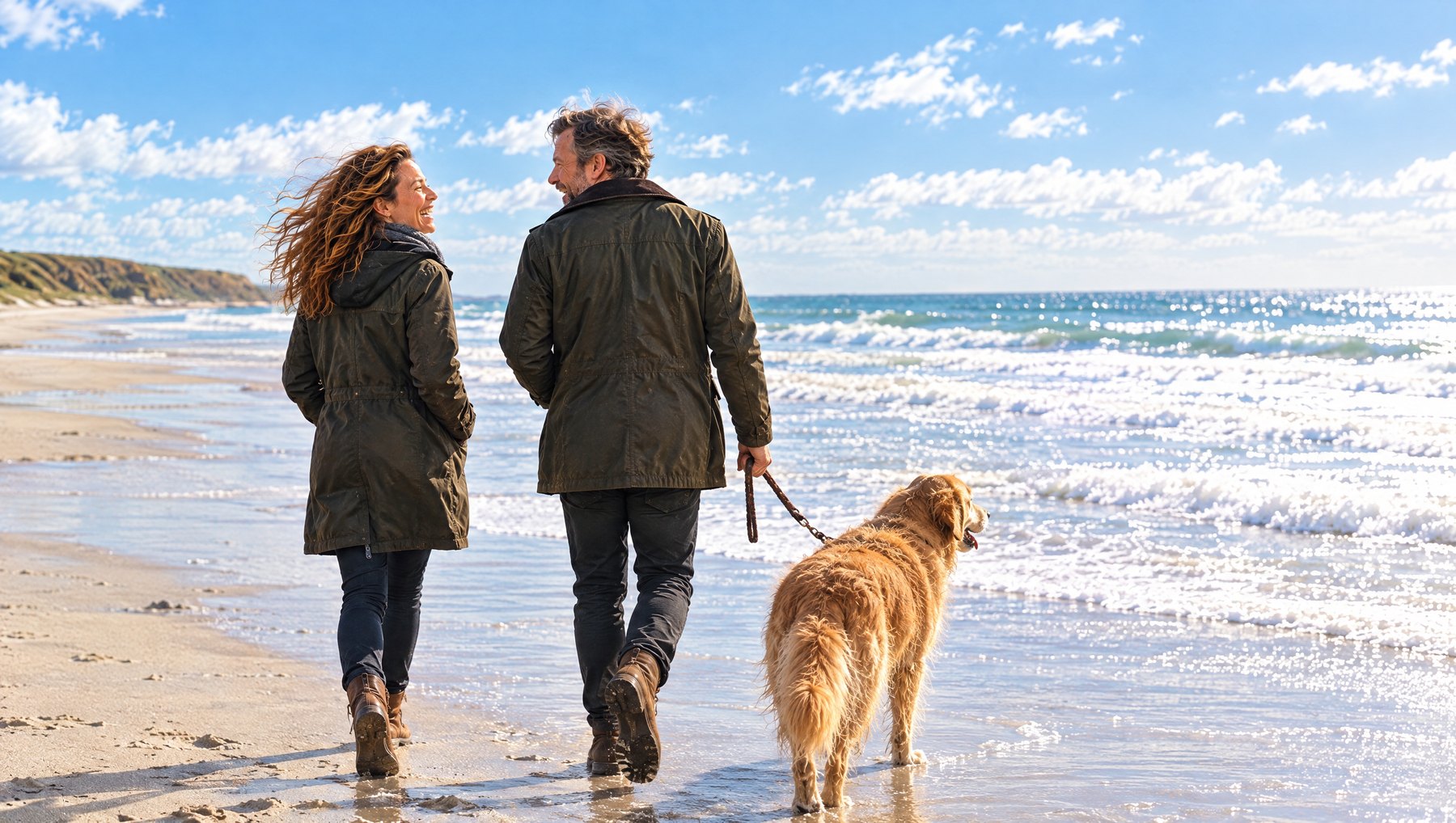 Two friends walking their dog along the water's edge on a sunny beach, one laughing at something the other has said
