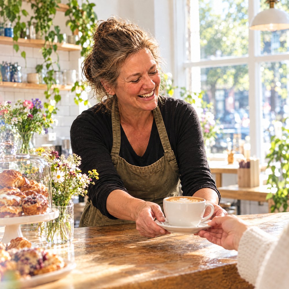 A cafe owner laughing as she hands a coffee across the counter of her bright cafe
