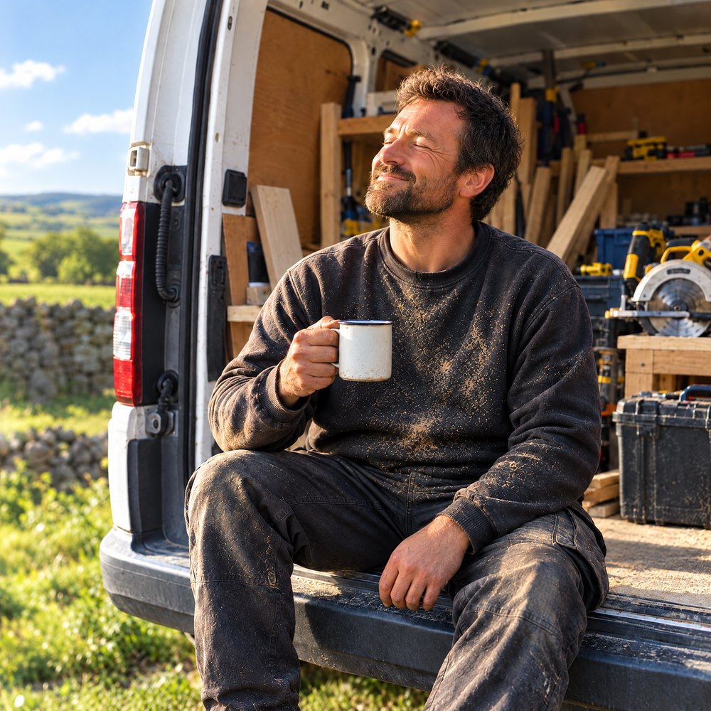 A carpenter sitting on the tailgate of his van with a mug of tea, eyes closed, face turned to the sun