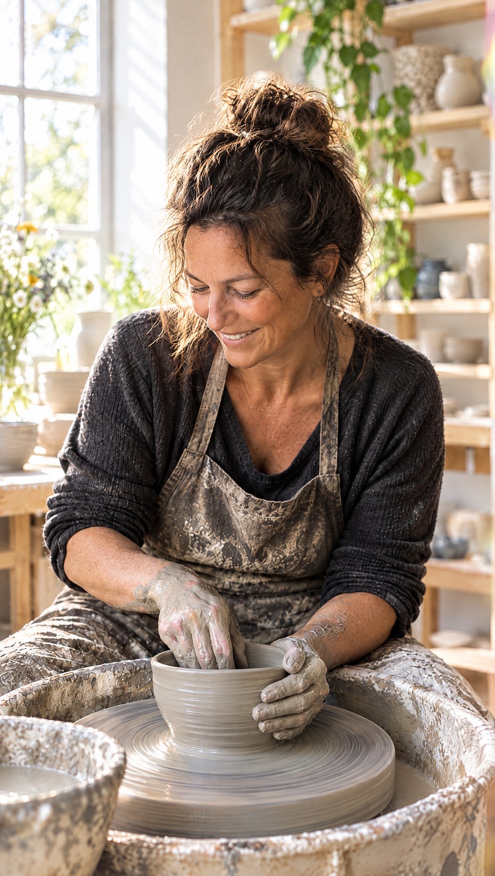 A potter smiling down at the bowl taking shape on her wheel in her sunlit studio